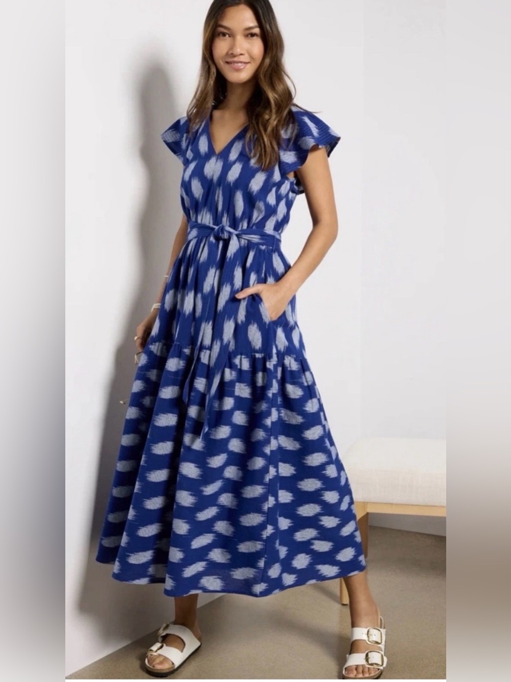 Evereve Blue and White Ikat-Print Maxi Dress with Waist Tie